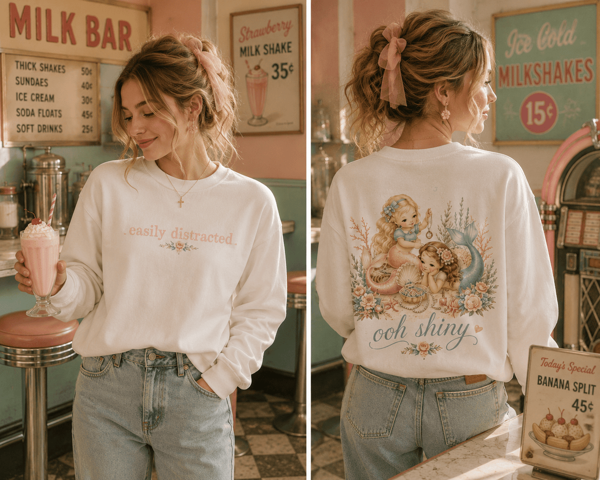Bel🩷ved Vintage™ Easily Distracted — Crewneck Long Sleeve Tee - Beloved Study Co